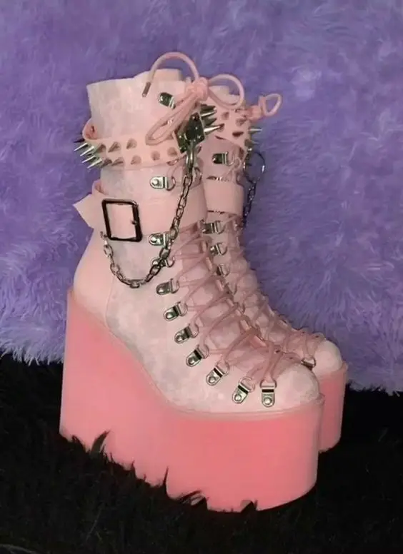 Studed Pink Wedges Platform Cross Strap Booties Women Round Toe Buckle Rivet Sweetheart Shoes Gril Cute High Heel Platform Shoes