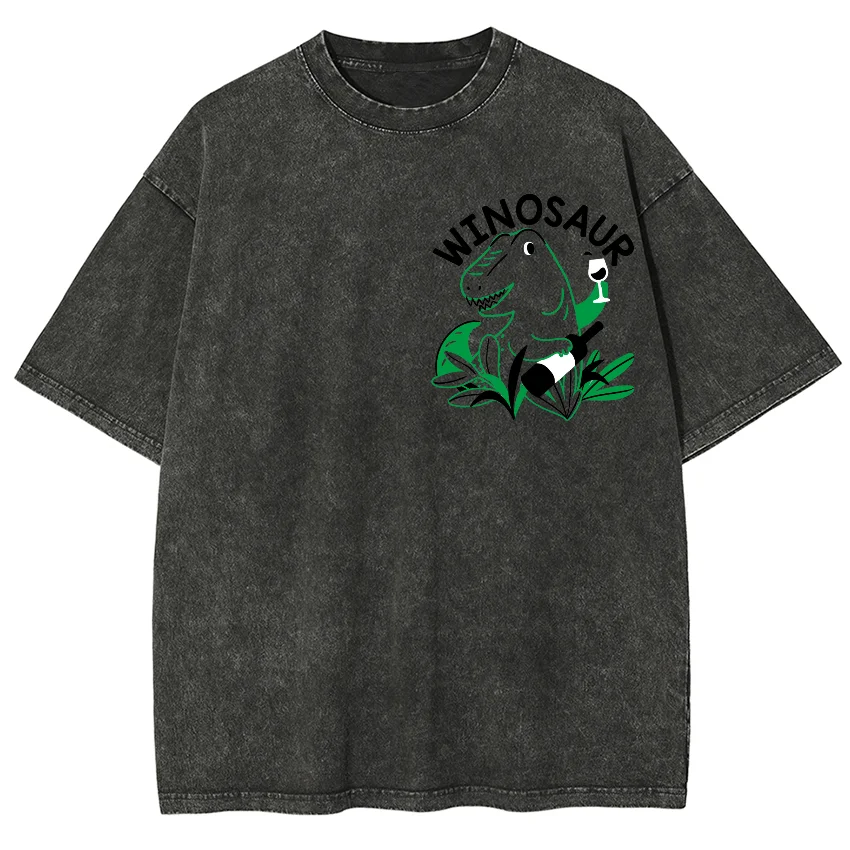 Green Cartoon Dinosaur Stick Figure Print Women's T-Shirt Cotton Wash Denim Comfortable Short Sleeve 2024 Fashionable Simple Tee