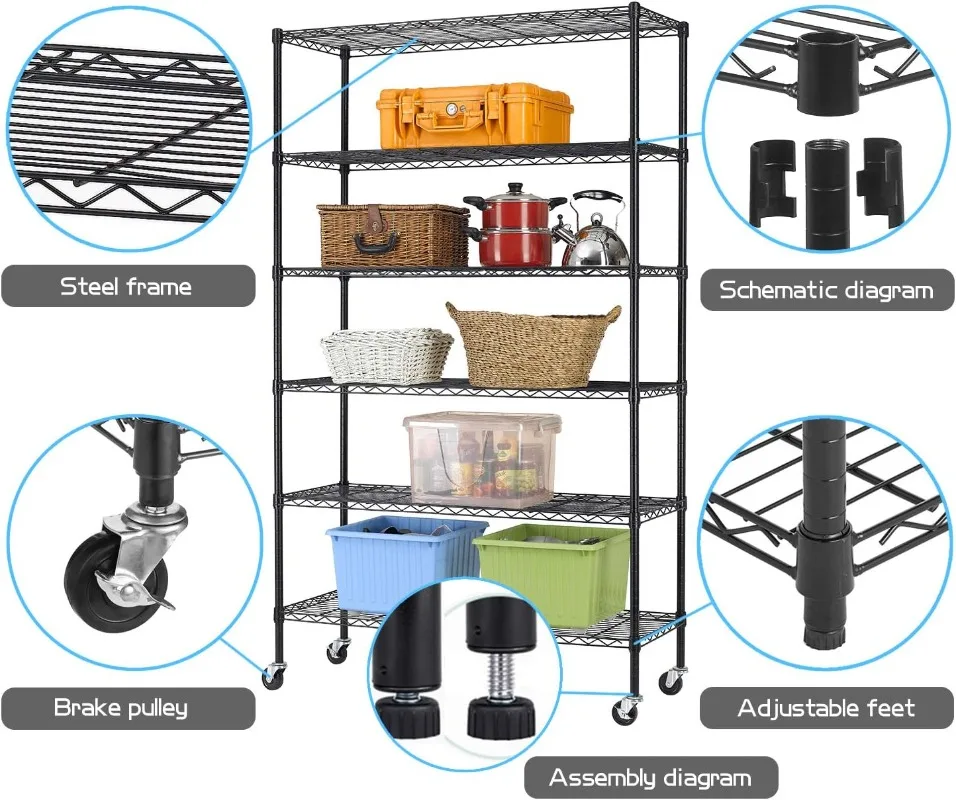 وحدة رفوف سلكية متينة ، رف تخزين 6 طبقات ، سلك فولاذية معدني قابل للتعديل مع عجلات ، رف مطبخ ، ارتفاع 82 بوصة × 48 بوصة × 18 بوصة