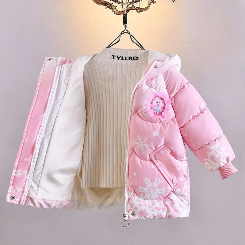 Frozen Elsa Anna mercancía de la película abrigo acolchado para niñas dulce y encantadora chaqueta de algodón de longitud media cálida y resistente al viento de invierno