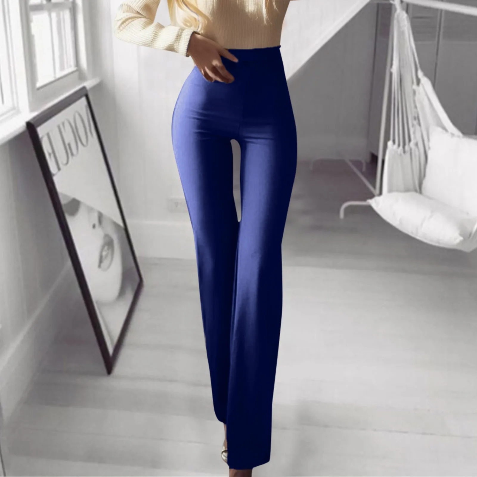 Spring Summer Women's Casual Loose Flared Trousers Elegant High Waist Solid Color Office Ladies Trousers Career Long Pants