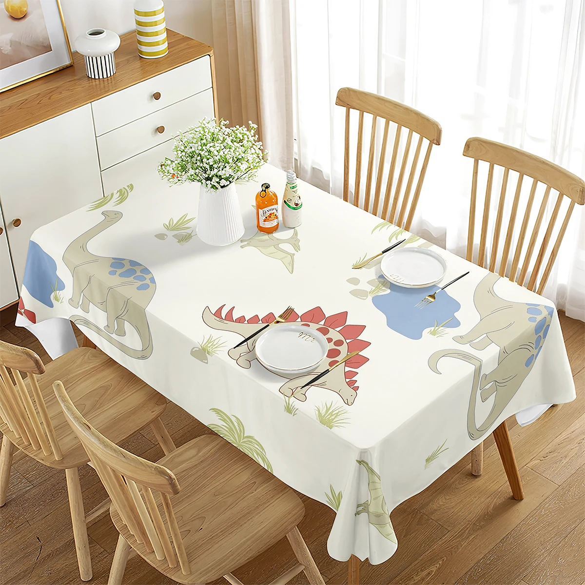 Dinosaur Tablecloth, Animals from Jurassic Period Cartoon Mammals Pattern, Rectangular Table Cover for Dining Room Kitchen Decor