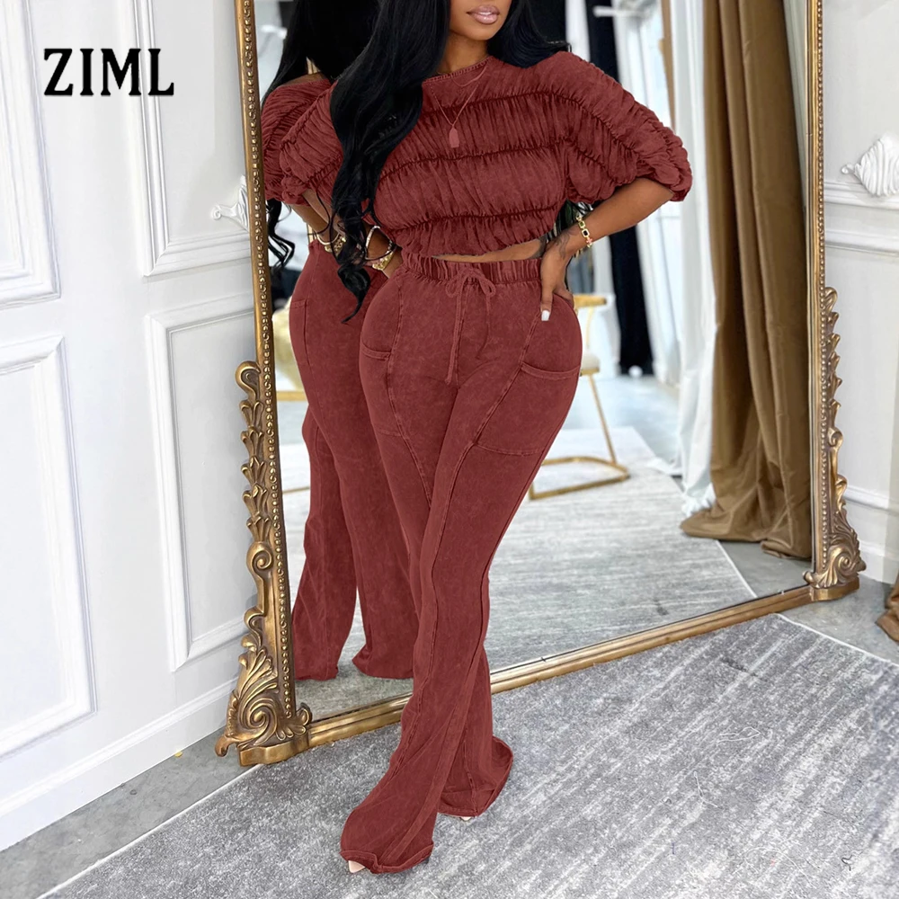 

ZIML однотонные комплекты из двух предметов для женщин, короткие топы с круглым вырезом и длинными рукавами, брюки для похудения с высокой талией, шикарный комплект, женский модный стиль