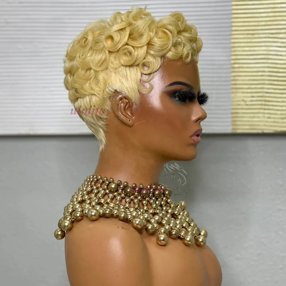Deep Wave Wig Human Hair 613 Honey Blonde Short Pixie Cut Wig For Black Women Full Machine Made Curly Wigs Ginger Wig Human Hair image 5