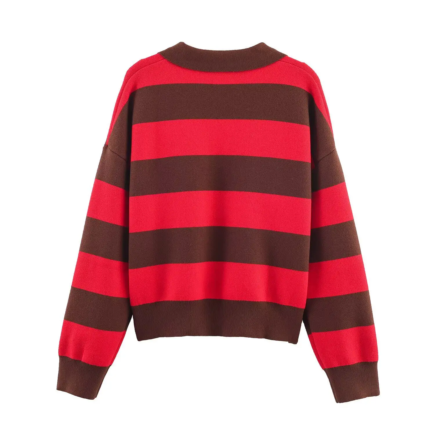 2026 Autumn New Women's Loose Long Sleeve Sweater Solid Color & Bold Stripe Lapel Top Street Fashion Long Sleeve Pullover
