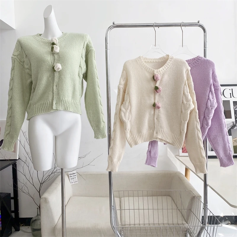 

Sweet Flower Long-sleeved Sweater Cardigan Solid Color Short Sweater Knitted Button Cardigan Women New Tops