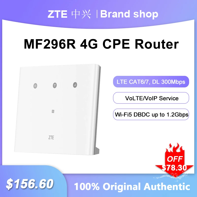 

Unlocked ZTE MF296R 4G LTE CPE Router Cat 6 300Mbps WiFi Repeater Dual Band Gigabit Amplifier Signal Booster With Sim Card Slot