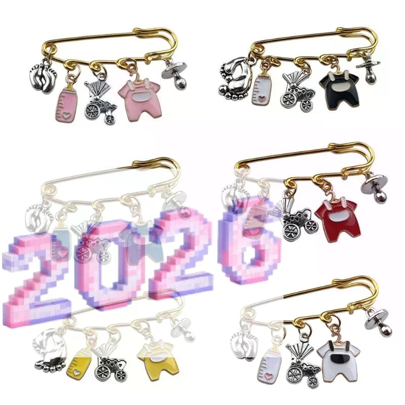 New Baby Arrival Charm Safety Pin Brooch Foot Bottle Stroller Dummy Enamel Pins Gender Reveal Shower Gift Clothes Bag Decorativ