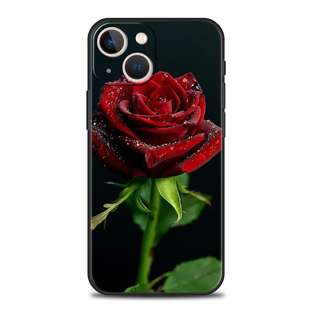 Beautiful Red Rose Flowers Luxury Phone Case For iPhone 15 16 14 13 12 mini 11 Pro Max XS X XR SE 7 8 Plus Black Cover Funda