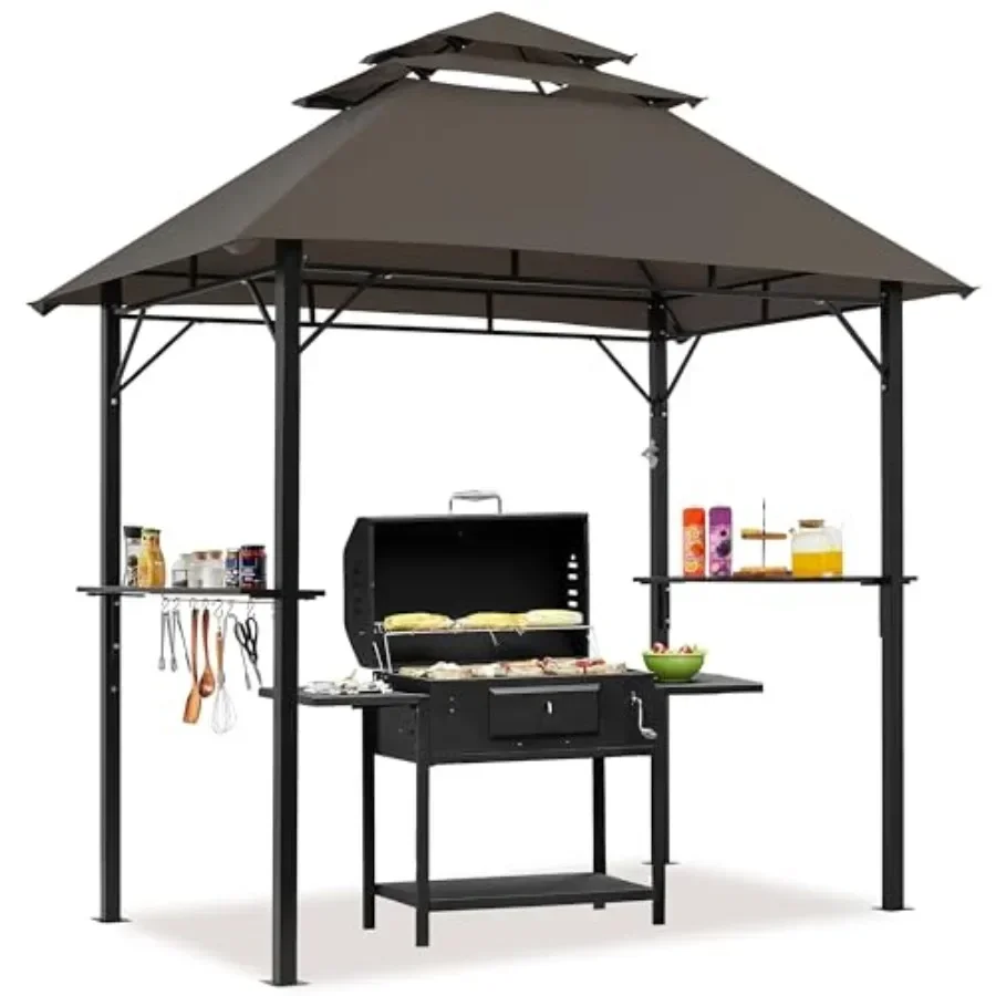 8x5' Outdoor BBQ Gazebo with 3-Tier Adjustable Shelves 10 S-Hooks Built-in Bottle Opener in Black Steel