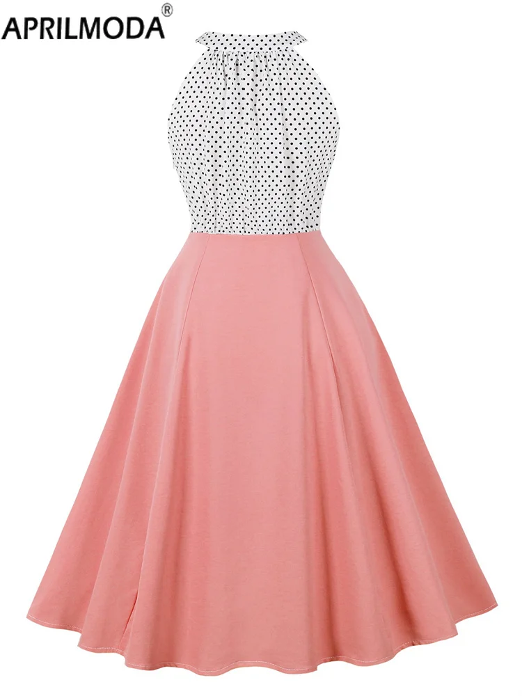 2025, Sommer, ärmellos, Neckholder, lässig, Patchwork, Damenkleid, elegant, rosa, blau, grün, gepunktet, Midi-Laufsteg, kurze Kleider