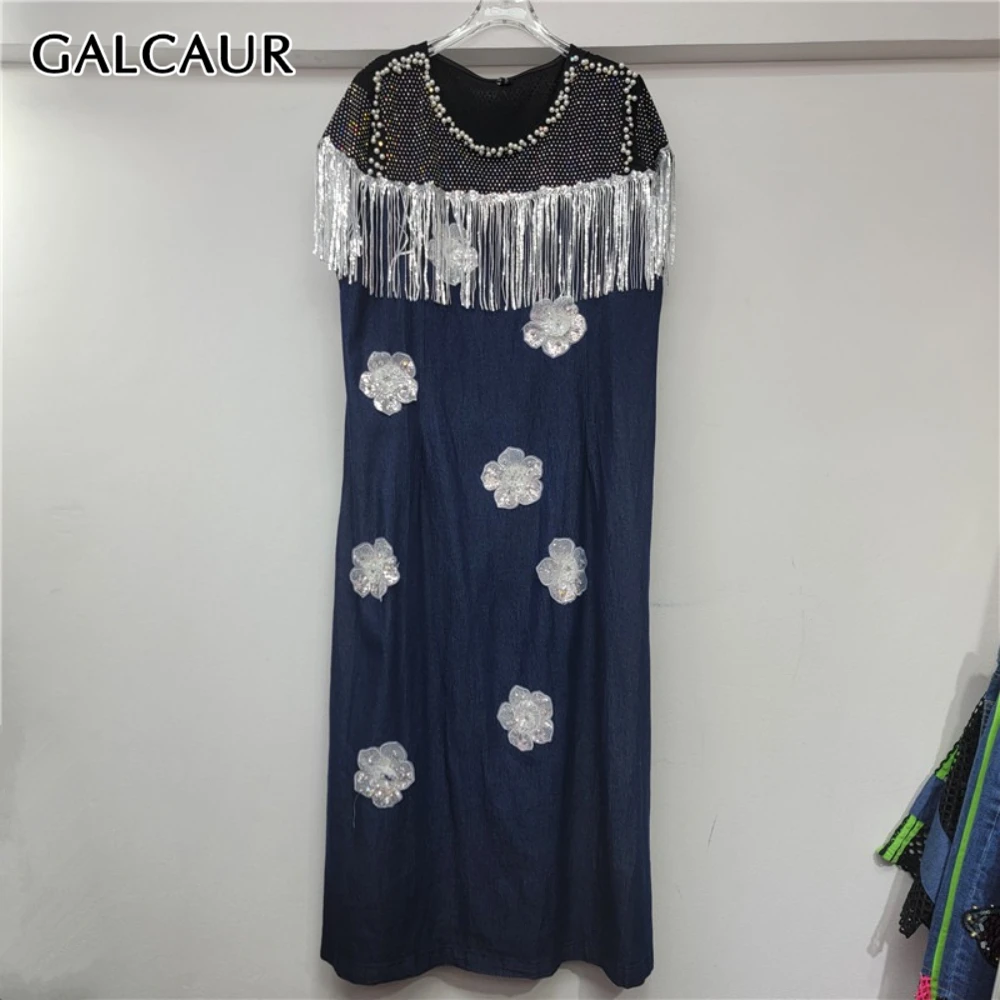 

GALCAUR синее платье с кисточками женское с круглым вырезом с коротким рукавом в стиле пэчворк с цветами уличная одежда элегантные женские платья летняя мода