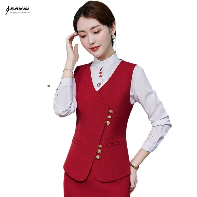 

Red Vests Uniform High Quality Tops Business Women Work Wear Slim V Neck Single Breasted Formal Office Ladies Interview Coat