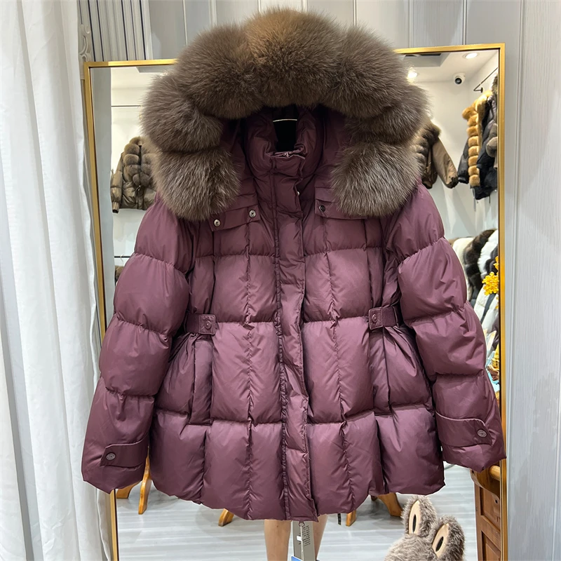 Winter New Fashion Women's Fox Fur Collar Waist-Cinching down Jacket Mid-Length White Duck down Loose Thick Outerwear