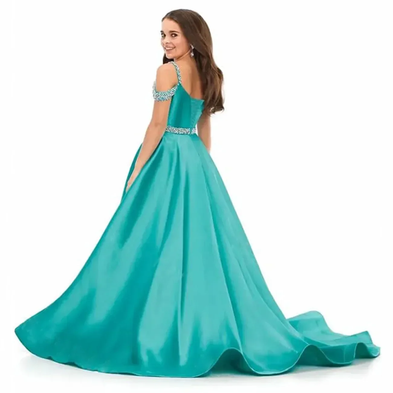 Elegante Satin Kind Hochzeits feier Kleider lange Perlen von der Schulter Geburtstag Blumen mädchen Kleid formelle Abendkleider für Mädchen