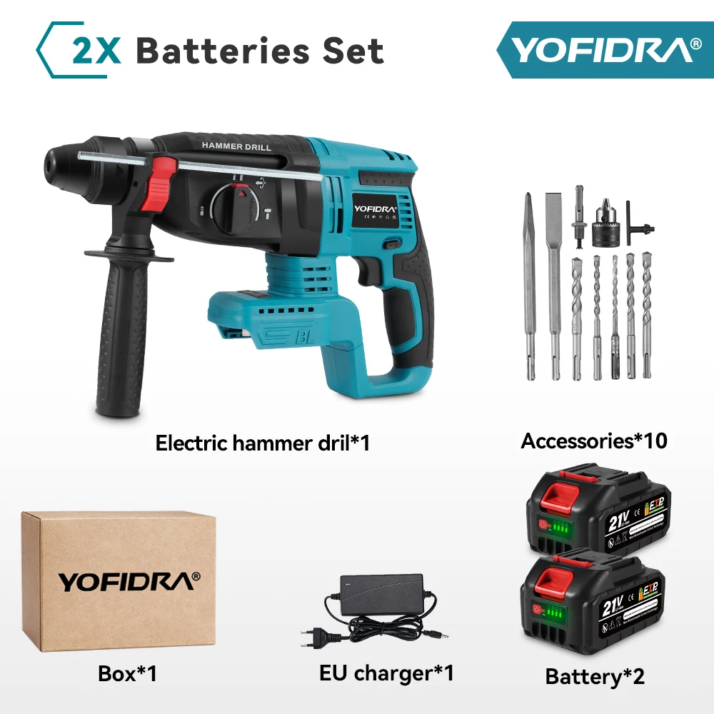 YOFIDRA 26MM borstelloze elektrische boorhamer Multifunctionele roterende draadloze oplaadbare elektrisch gereedschap voor Makita batterijpin