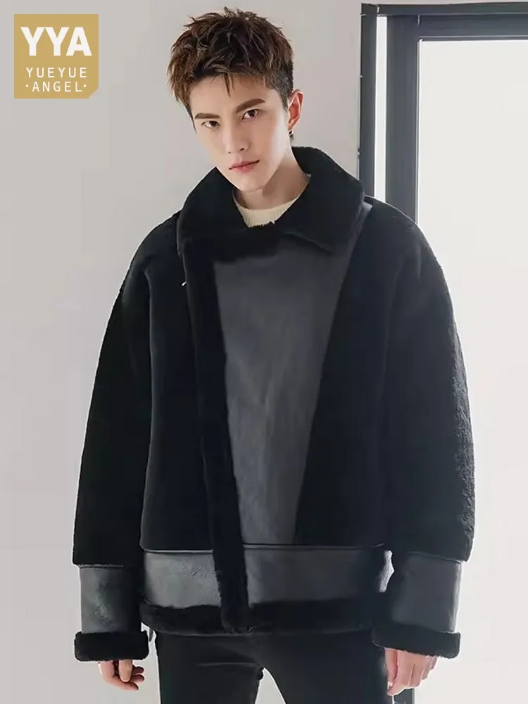 Winter Luxury Mens Warm Natural Shearling Jacket Real Wool Genuine Leather Jacket Spliced Motorcycle Riding Overcoat Male Coats