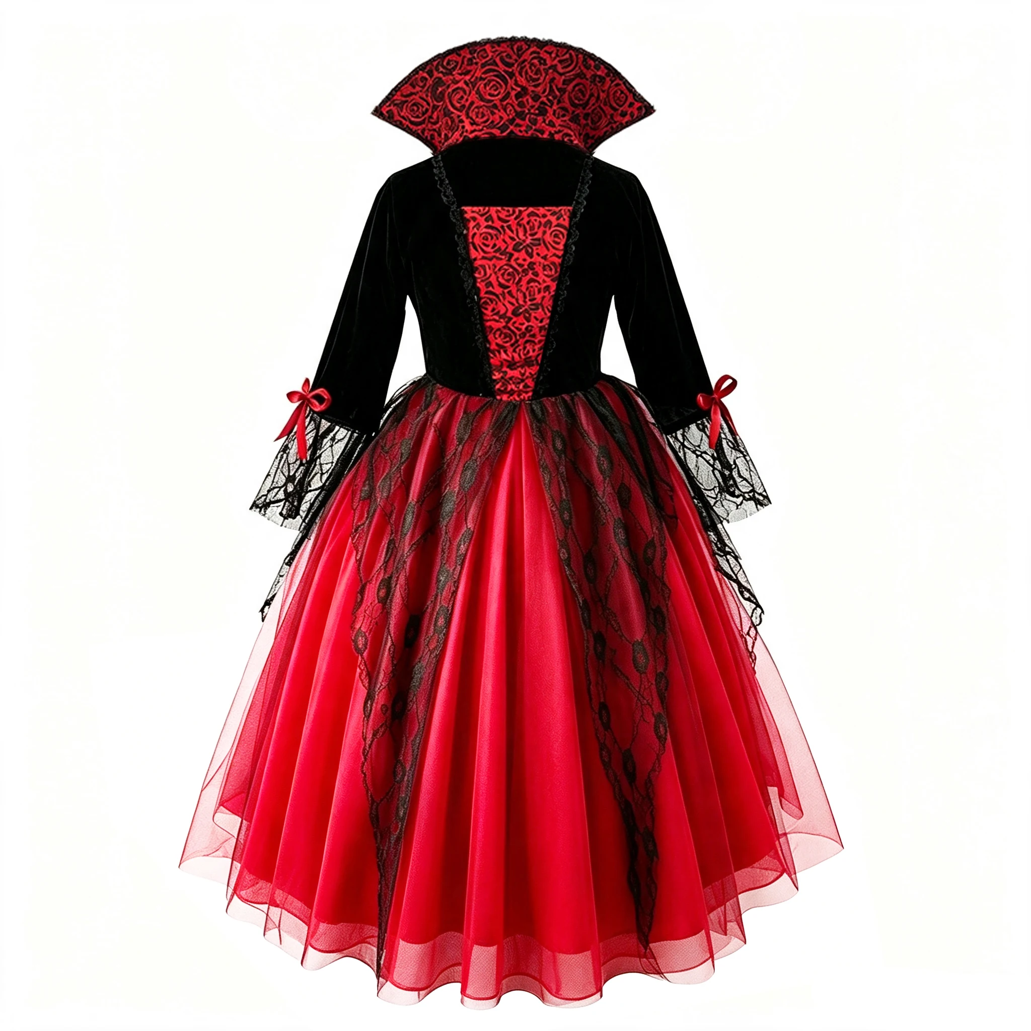 Mädchen-Vampir-Königin-Kostüm-Set Schwarzes Rotes Spitzenkleid mit Stehkragen, Rosenschleier, Fächer und Schmuck für Halloween, Karneval, Cosplay – Detail 3