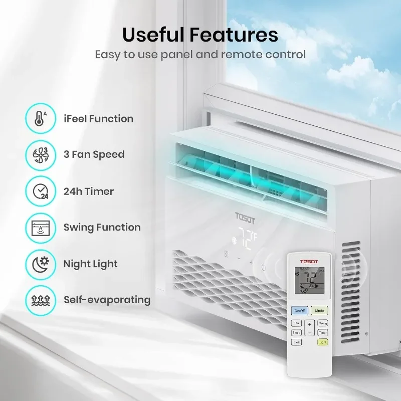 Aire acondicionado de ventana TOSOT 10.000BTU, diseño moderno y control remoto con detección de temperatura