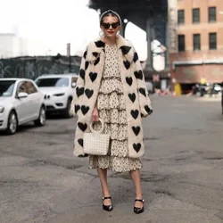 Long Faux Fur Coat Thick Warm Luxury Chic Fur Jacket Heart Print Winter Women's Clothing Long Sleeve Cardigan Streetwear Coats