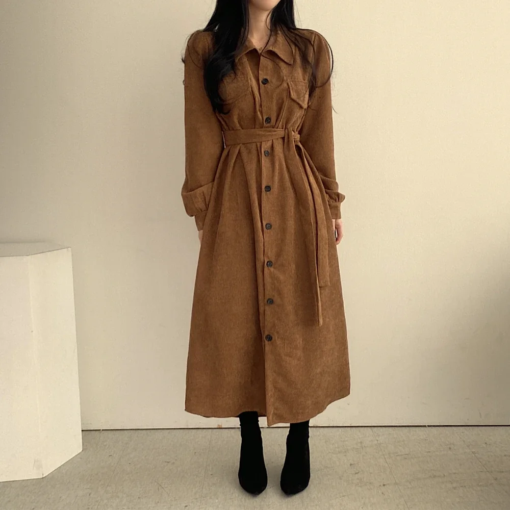 2025 Autumn and Winter New French Retro Mid-length Skirt Loose Temperament Strap Waist Corduroy Dress