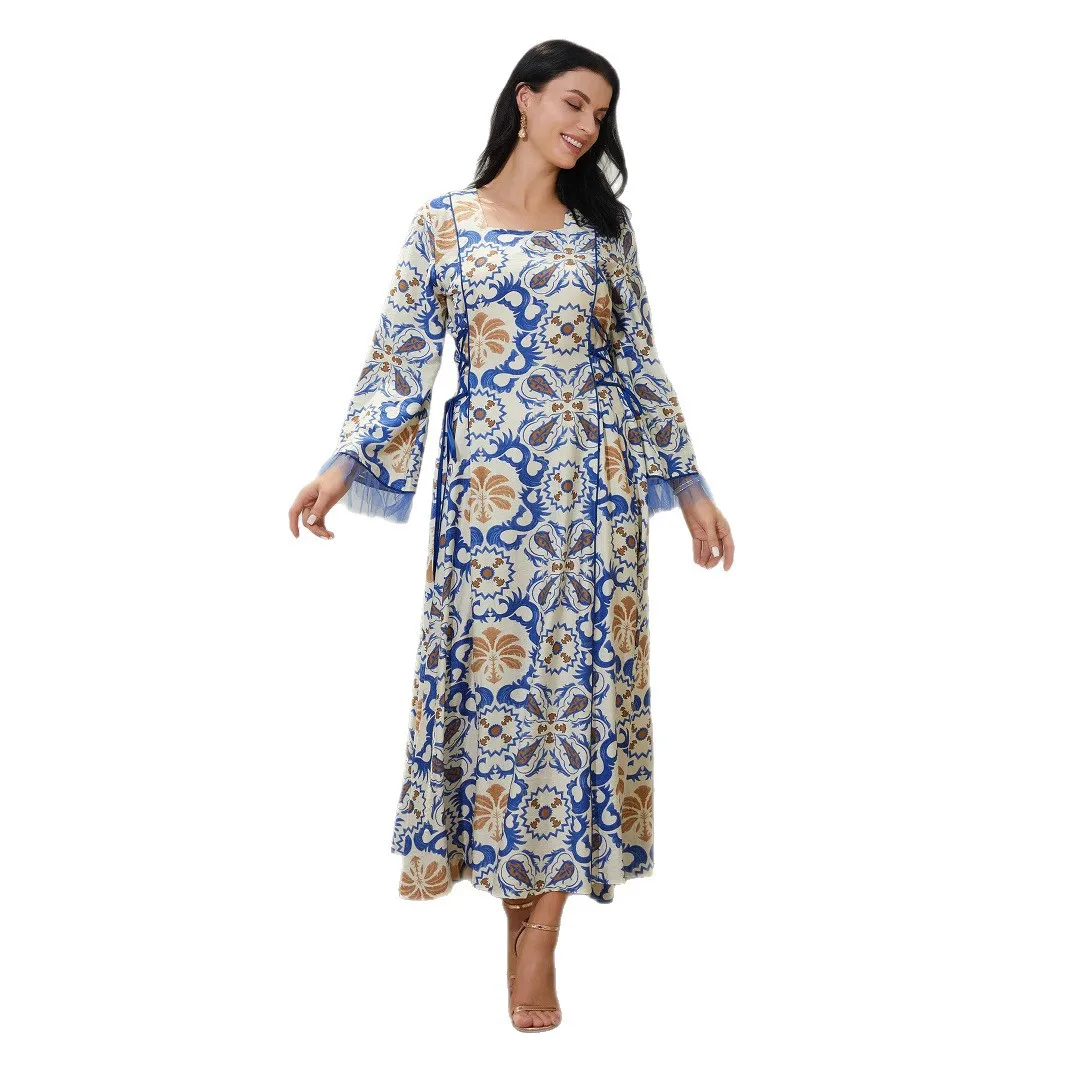 

Лидер продаж, платье Абая, мусульманское длинное платье в стиле ретро, отпускной стиль, поясной ремень, уникальный дизайн, Абая Cw79380