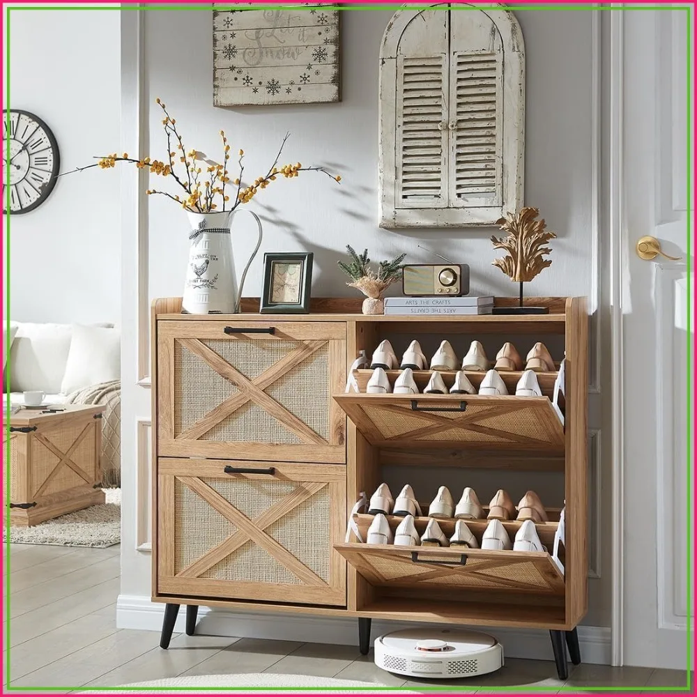 Farmhouse Shoe Storage Cabinet with 4 Flip Drawers, Entryway Organizer for Hallway Closet