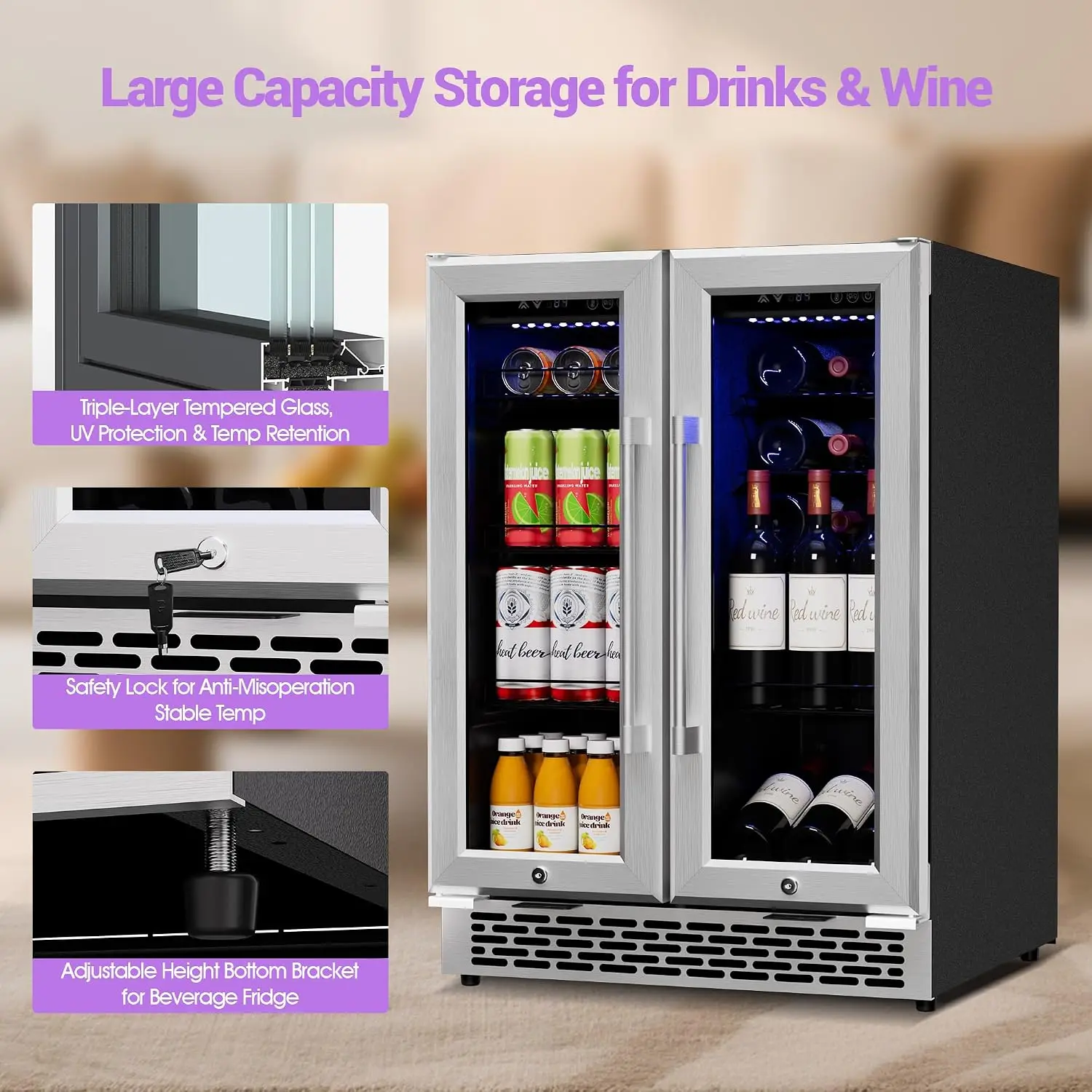 24 Inch Dual Zone Beverage Refrigerator, Beverage Cooler With Glass Door | 5.2 Cu.Ft Beverage Fridge Holds 21 Wine, Customized image 6