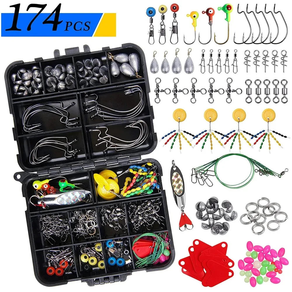 174Pcs/Box Fishing Accessories Tackle Kit With Jig Worm Hooks Sinker Weights Swivels Snaps Split Rings For Freshwater Saltwater