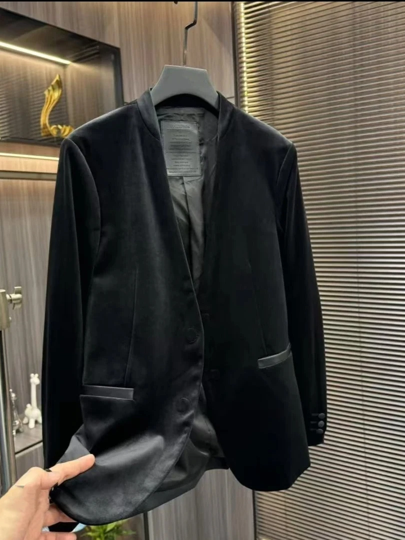 

High Quali Men's Velvet Faionable Casual Suit Spring Autumn Sli Versatile Busin European Sle Haome Look