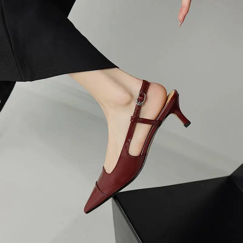 Krazing Pot Cow Leather Pointed Toe Women Summer Stiletto Med Heel Slip On Gorgeous Brand Shallow Slingback Princess Style Pumps