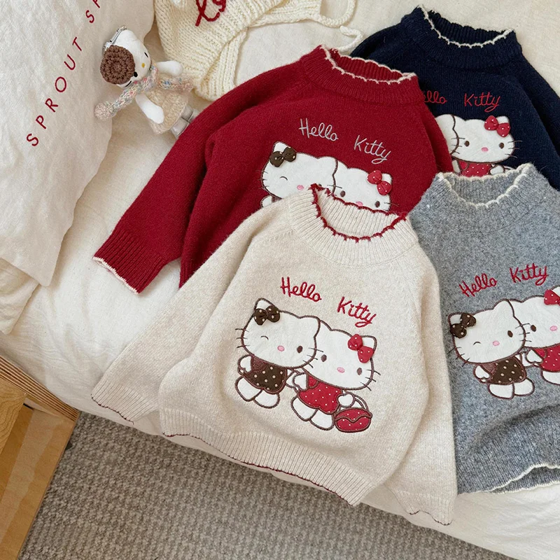 

Girls' Sweater Autumn Winter New Children's Cartoon O-Neck Pullovers Korean Patchwork Long Sleeved Warm Kids Knitted Tops