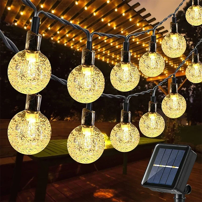 Luzes solares de cristal ao ar livre Fairy Light Guirlanda de Natal Luz impermeável para jardim Decoração de festa 8 modos