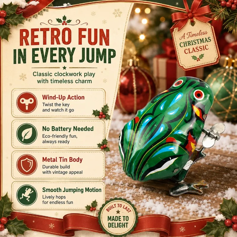 Vintage Wind‑Up Tin Jumping Frog Clockwork Spring Metal Toy Nostalgic Collectible Party Supply Home Desktop Decor