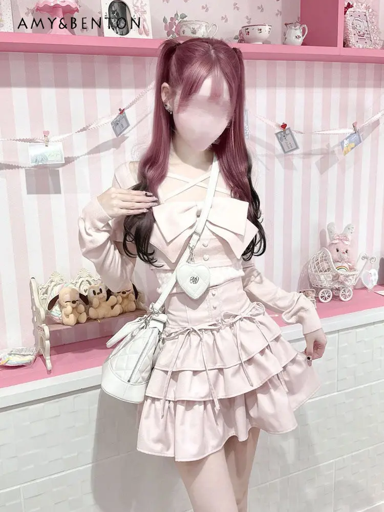 甘いキュートなレースハイウエストパフスカート和風かわいい蝶ネクタイ痩身多層ミニスカートAラインスカート女性用