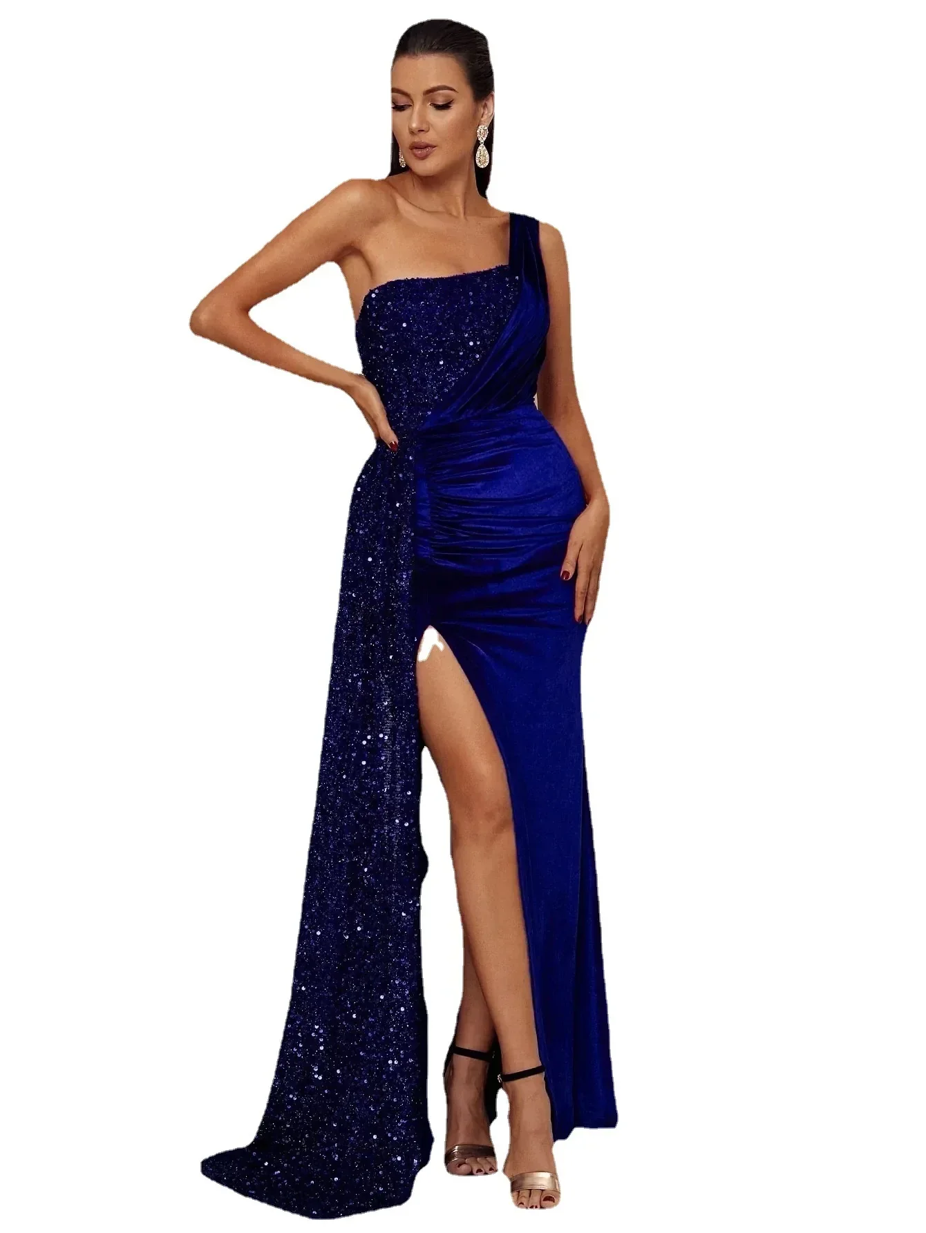 Vestido de noche Sexy de un hombro para mujer, Vestido largo Formal ajustado con abertura y lentejuelas de retales, Vestido de fiesta para graduación, bata femenina