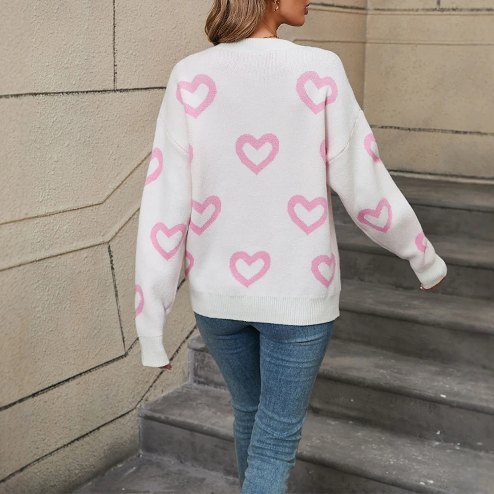 여성용 대형 사이즈 라운드 넥 풀오버 스웨터 봄 신상 투톤 자카드 하트 디자인 유럽 미국 스타일 발렌타인데이