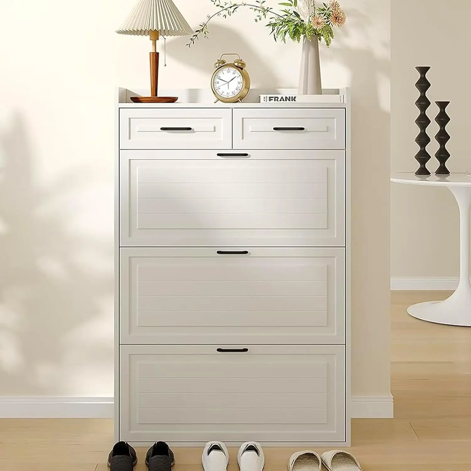 White Hidden Wood Shoe Storage Cabinet with 3 Flip Drawers for Entryway Narrow Shoe Rack Freestanding Shoes Organizer Cabinet