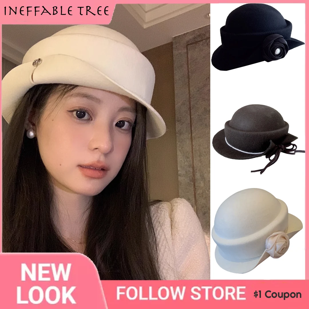 

Korea Women Flower Pearl Beret Hat Fascinator Wool Felt Hats Ladies Roll Up Brim Pillbox Party Wedding Dress Derby Cap Sombrero