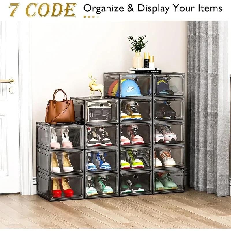 Stronger Shoe Box with Magnetic Door, Box for Closet, Foldable Space-Saving Storage Bins, Transparent and Black 【9-Pack】