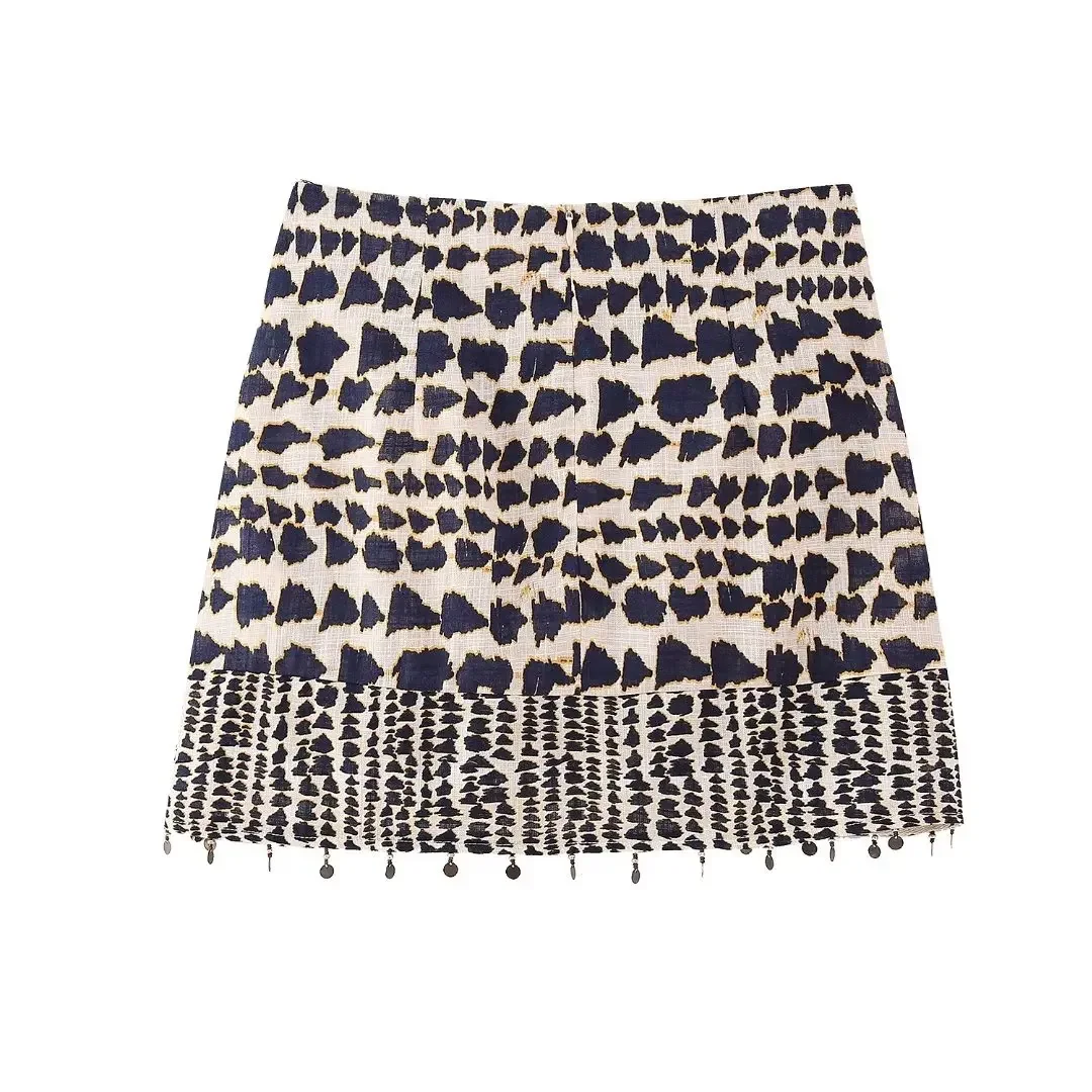 

Women Vintage Boho Geometric Print Sarong Skirt High Waist Knotted Mini Wrap Skirt with Beaded Tassel Trim Casual Beach Skirt