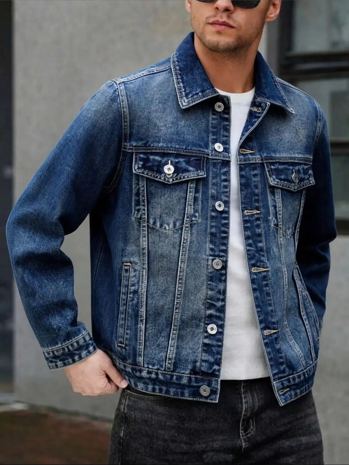 Amerikaanse multi-pocket denimjas voor heren, blauwgrijs, vintage gewassen, losvallend, veelzijdig, trendy werkjas
