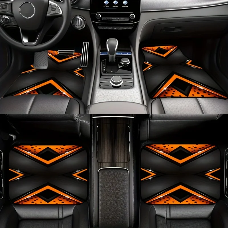 4pcs Black Orange Geometric Glow-in-the-Dark Car Floor Mats - Trendy Mecha Design, Durable Non-Slip Universal Fit For Cars, Truc
