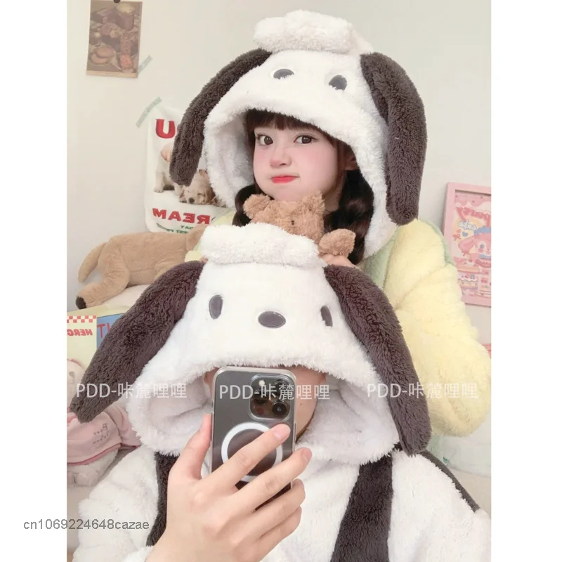 Sanrio Pochacco Winter Flannel Warm Pajamas Couple 3D Printed Nightgown Cute Student Long Coral Velvet Home Garment For Women