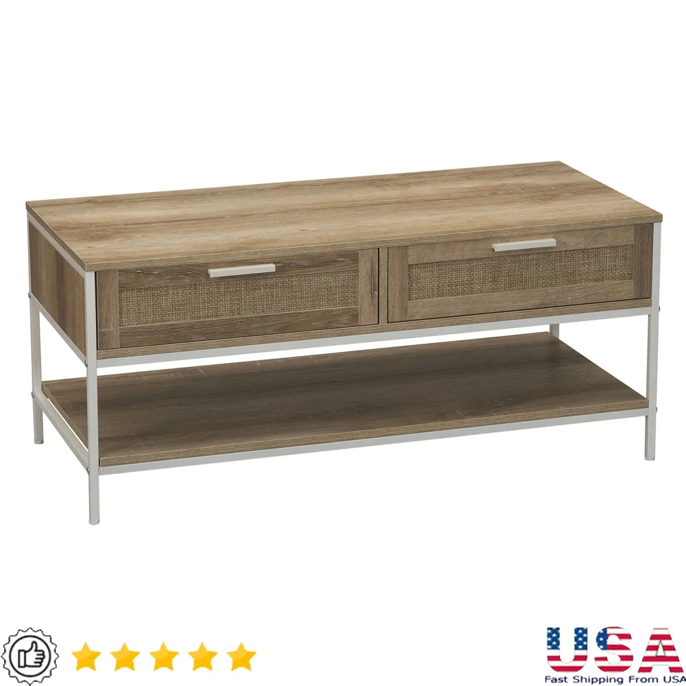 

Прямоугольный журнальный столик с полкой для хранения и ящиками Деревенский дизайн из прибрежного дуба с регулируемыми ножками для гостиной