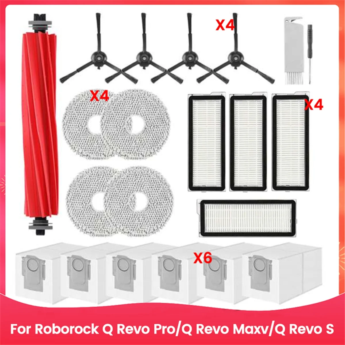 Accessories Kit for Roborock Q Revo Pro / Q Revo Maxv / Q Revo S Vacuum Cleaner Parts Main Brush Filters Mop Dust Bags