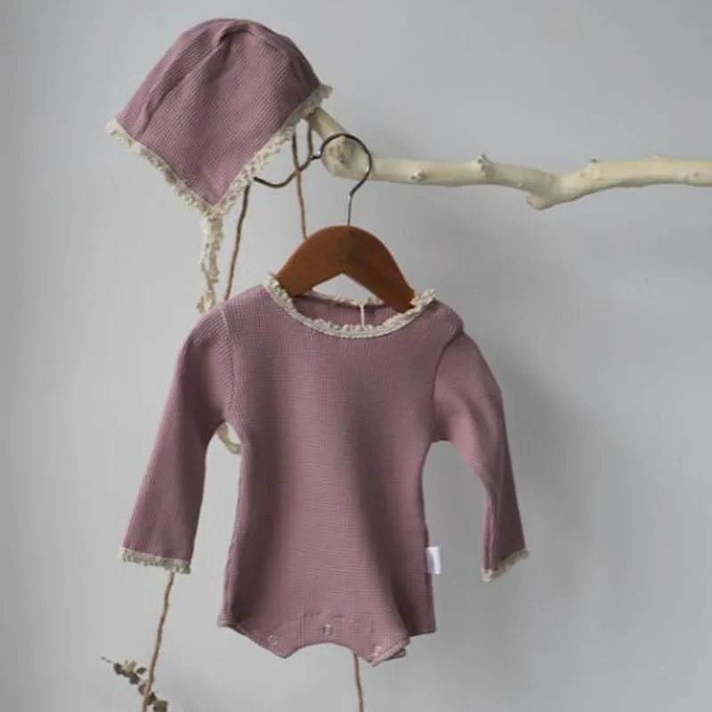 Korean Style Baby Girl Bodysuits+Hat Waffle Solid Color Lace Stitching Jumpsuit One piece Outfit Spring Autumn Baby Clothes