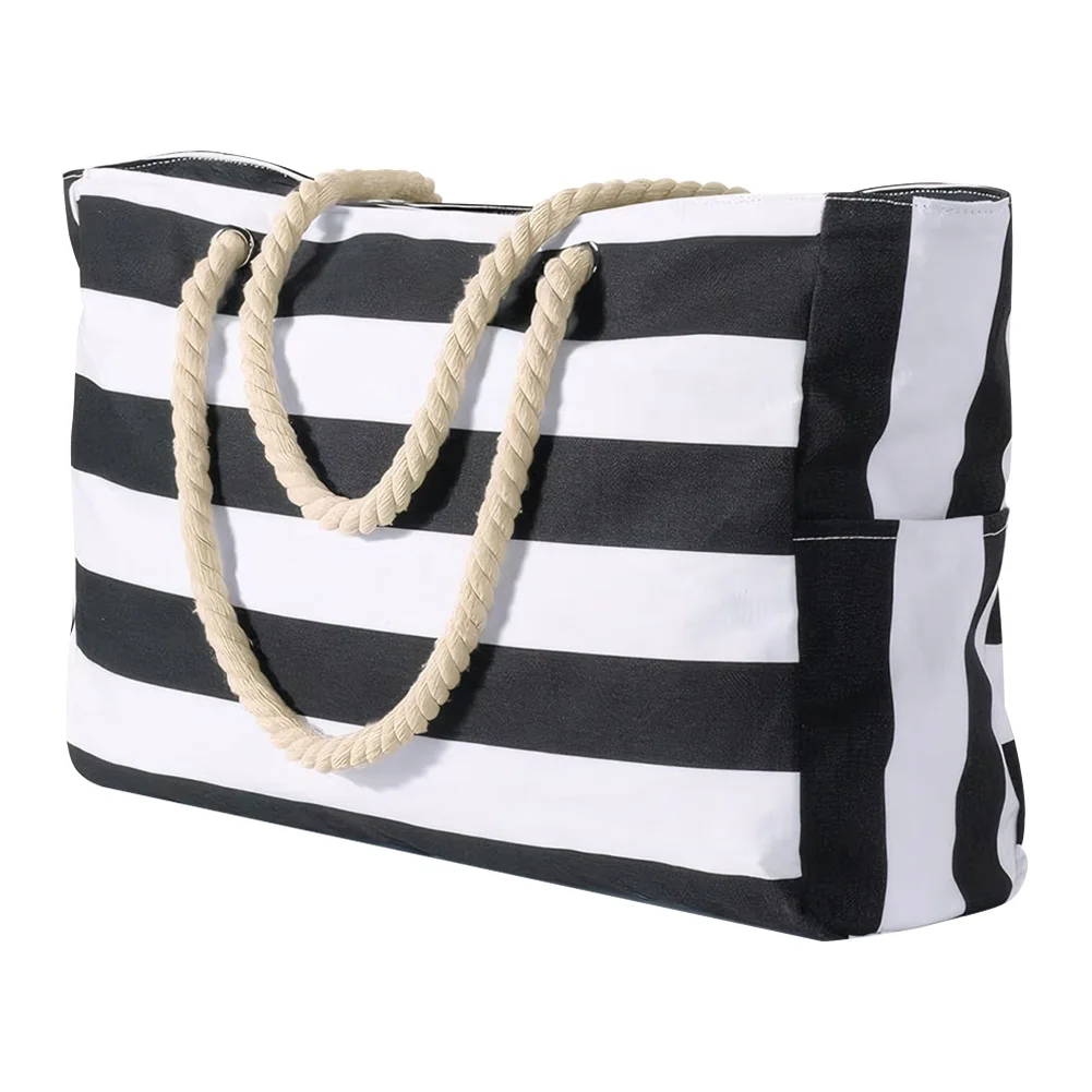 Striped Zipper Beach Bag Large Beach Tote Bag Waterproof Sandproof Swim Pool Canvas Bag with Zipper for Women
