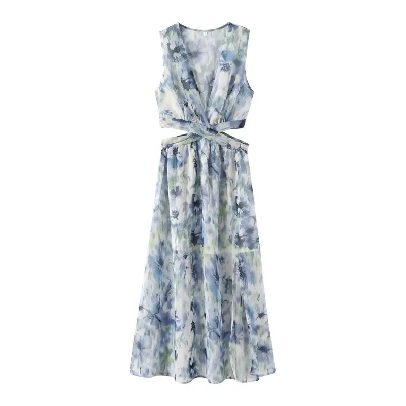 2024年夏 レディース デザインセンス オープンメタルカラー ラインプリント ノースリーブ Vネック エレガントスタイル ワンピース ファッションドレス