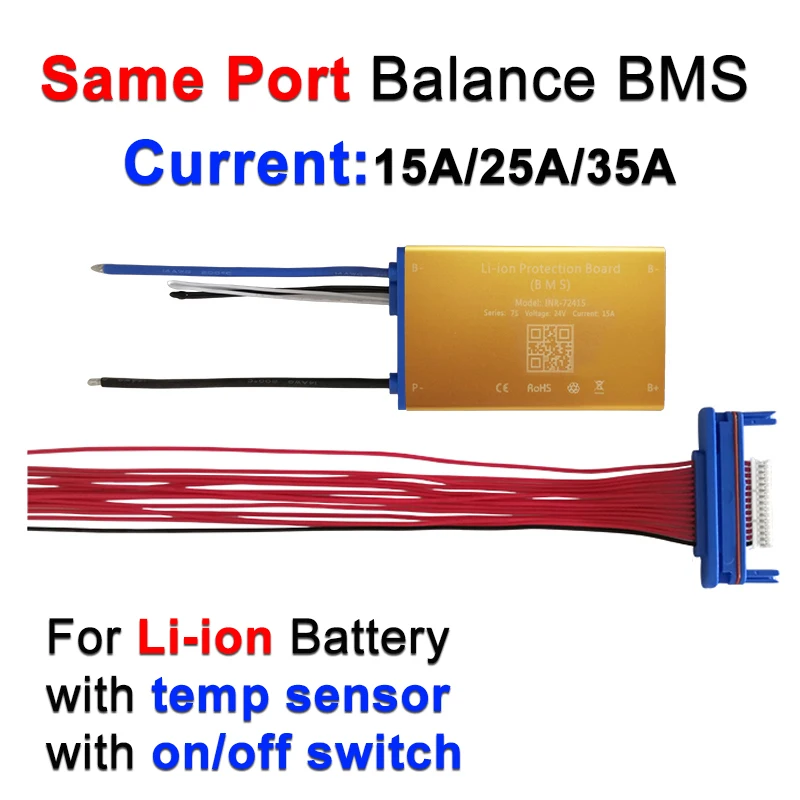 Super thin 7S 24V 15A 25A 35A Li ion BMS PCM PCB with temp sensor and on off-switch for Hailong battery ebike box